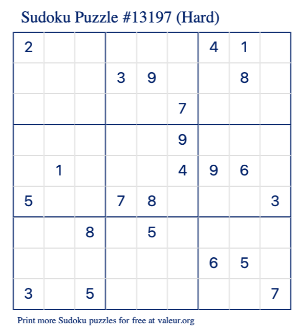 Free Printable Hard Sudoku Puzzle number 13197