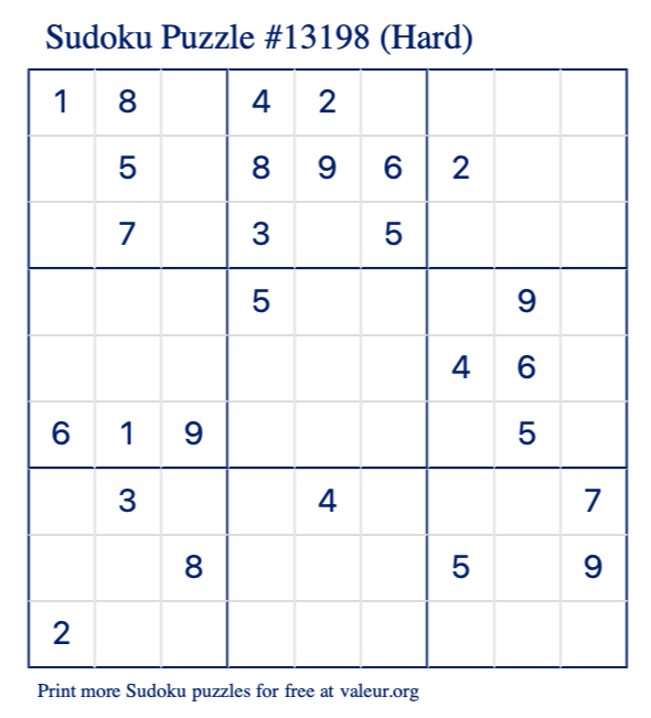Free Printable Hard Sudoku Puzzle number 13198