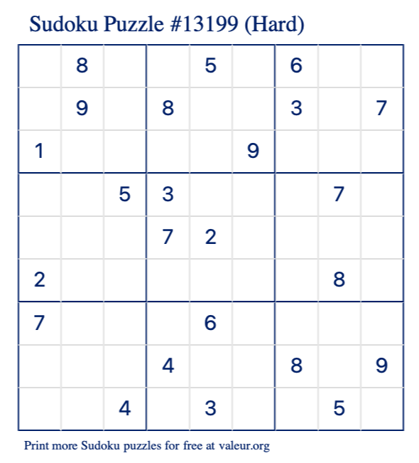Free Printable Hard Sudoku Puzzle number 13199