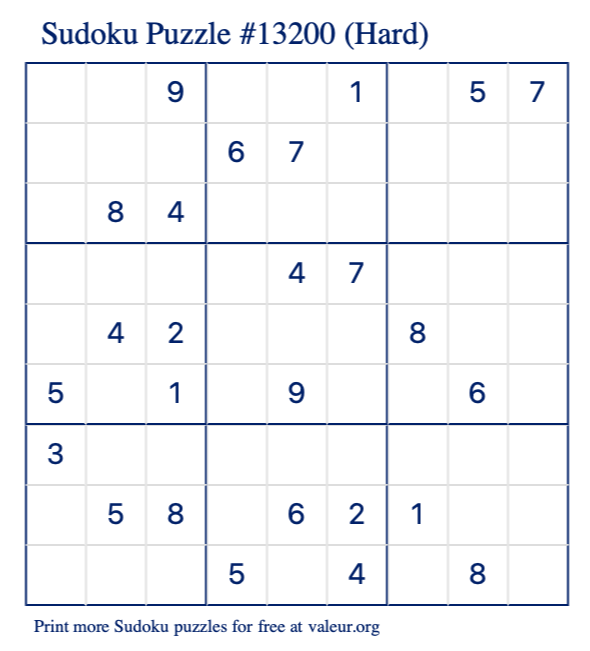 Free Printable Hard Sudoku Puzzle number 13200