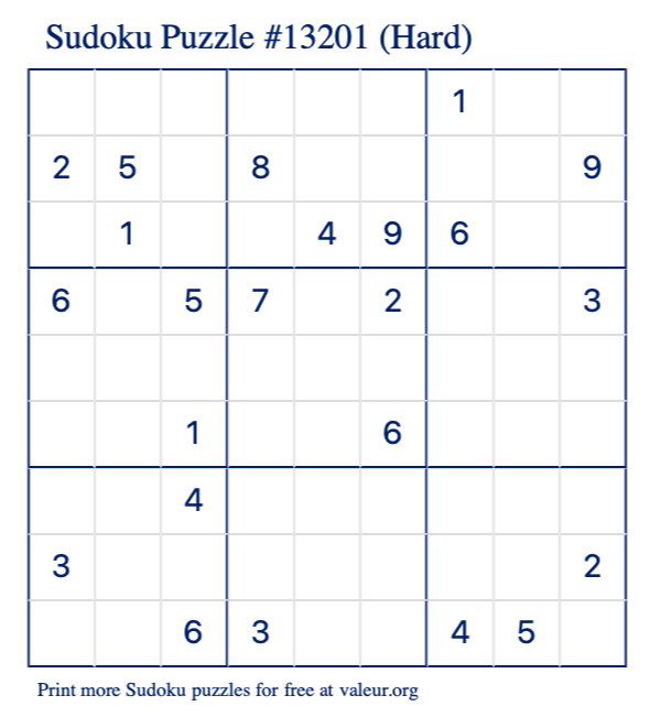 Free Printable Hard Sudoku Puzzle number 13201