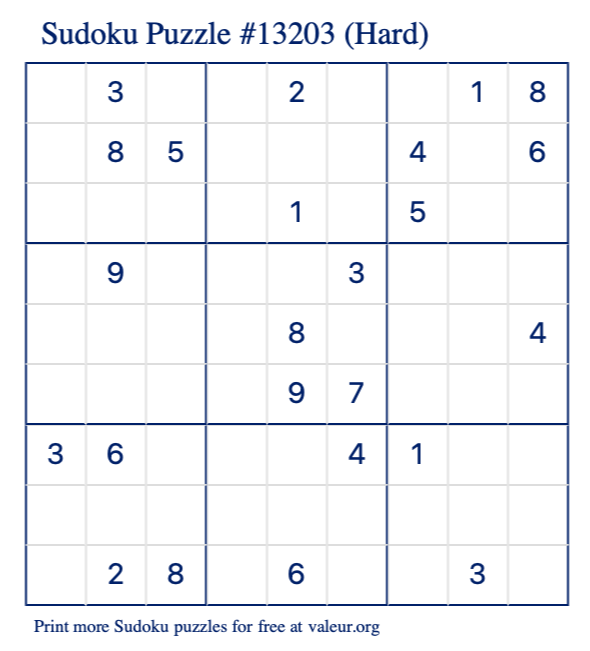 Free Printable Hard Sudoku Puzzle number 13203