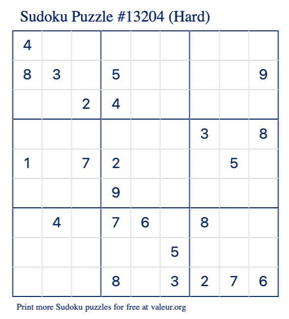 Free Printable Hard Sudoku Puzzle number 13204