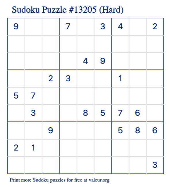 Free Printable Hard Sudoku Puzzle number 13205