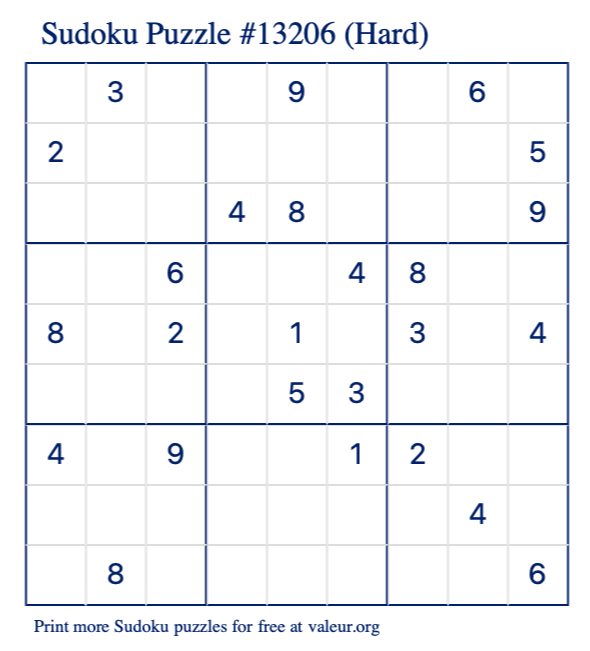 Free Printable Hard Sudoku Puzzle number 13206
