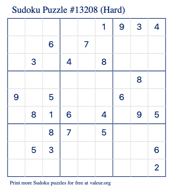 Free Printable Hard Sudoku Puzzle number 13208
