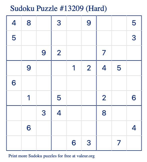 Free Printable Hard Sudoku Puzzle number 13209