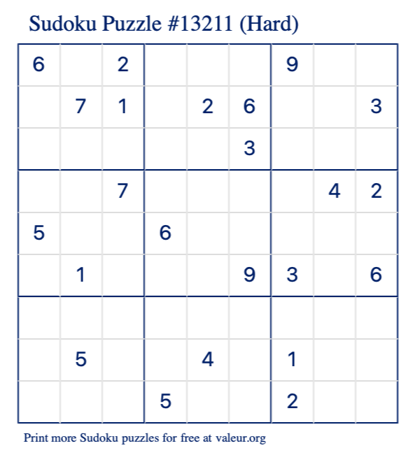 Free Printable Hard Sudoku Puzzle number 13211