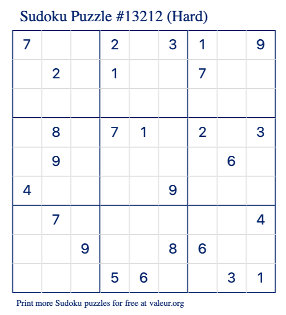 Free Printable Hard Sudoku Puzzle number 13212