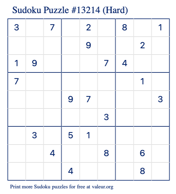 Free Printable Hard Sudoku Puzzle number 13214