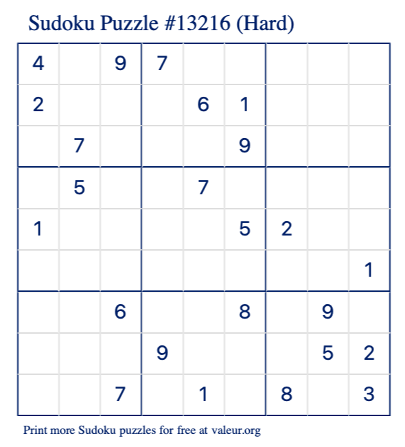 Free Printable Hard Sudoku Puzzle number 13216
