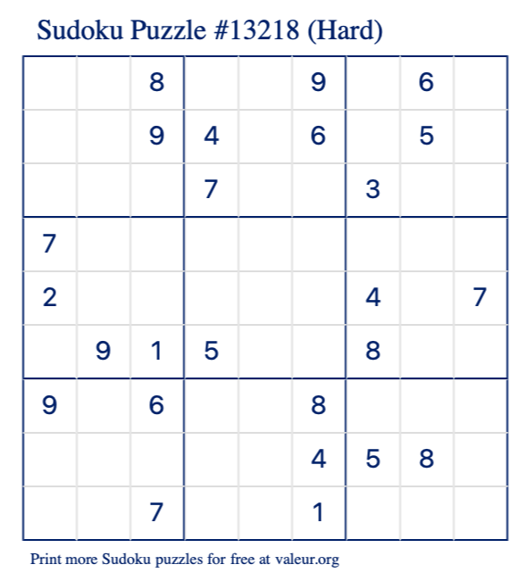 Free Printable Hard Sudoku Puzzle number 13218