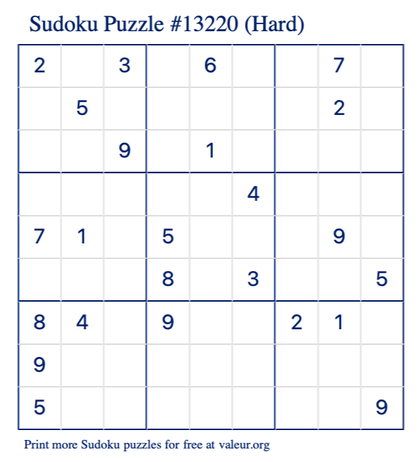 Free Printable Hard Sudoku Puzzle number 13220