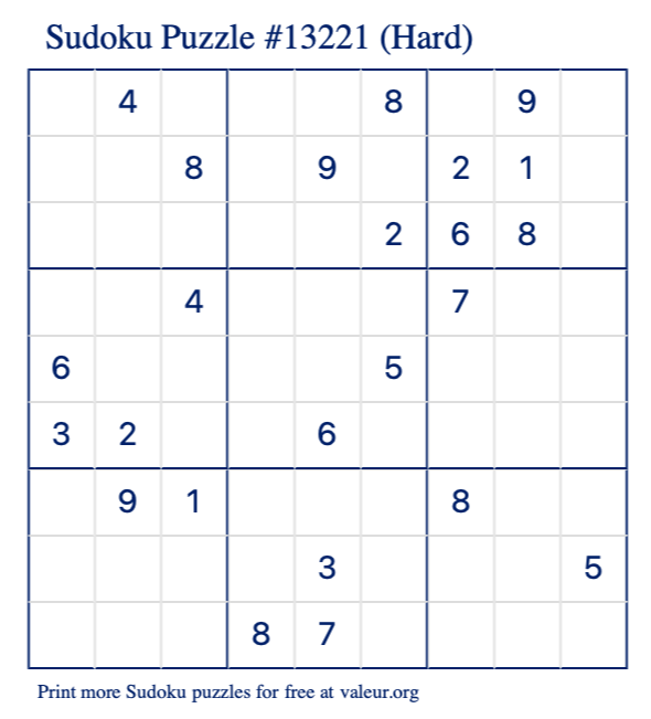 Free Printable Hard Sudoku Puzzle number 13221