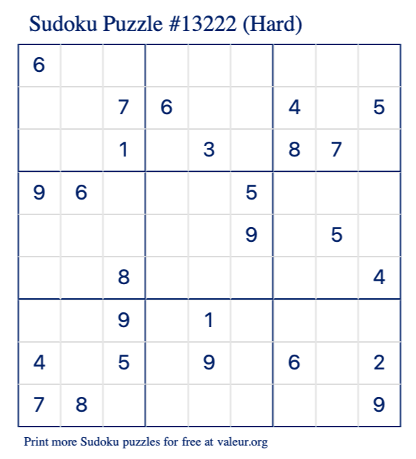 Free Printable Hard Sudoku Puzzle number 13222