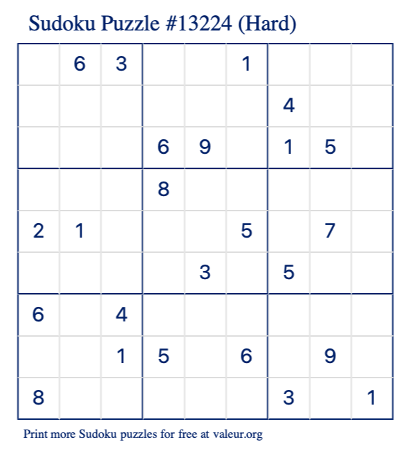 Free Printable Hard Sudoku Puzzle number 13224