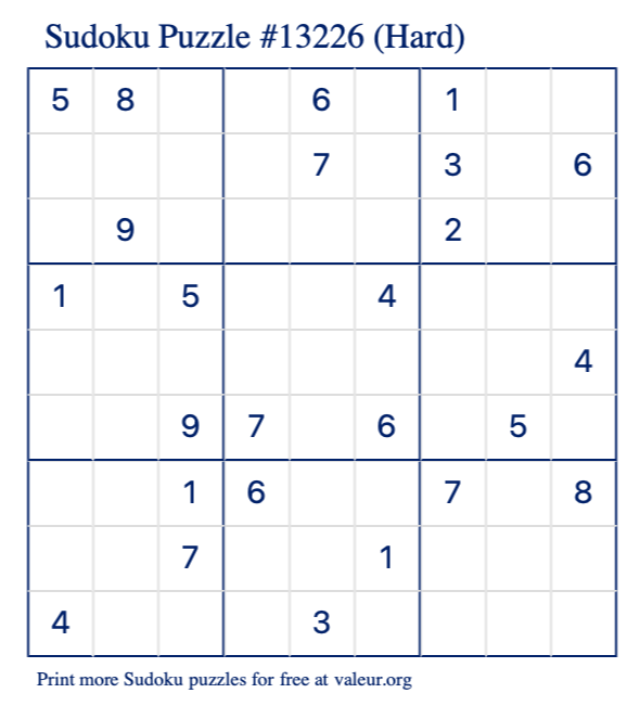 Free Printable Hard Sudoku Puzzle number 13226