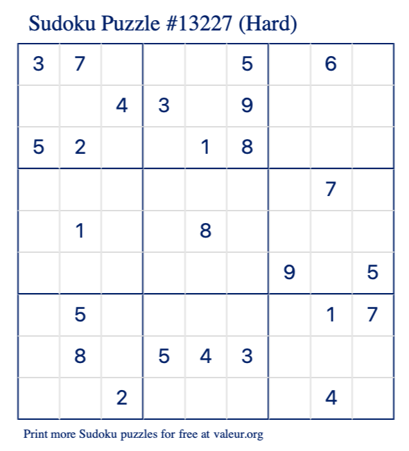 Free Printable Hard Sudoku Puzzle number 13227