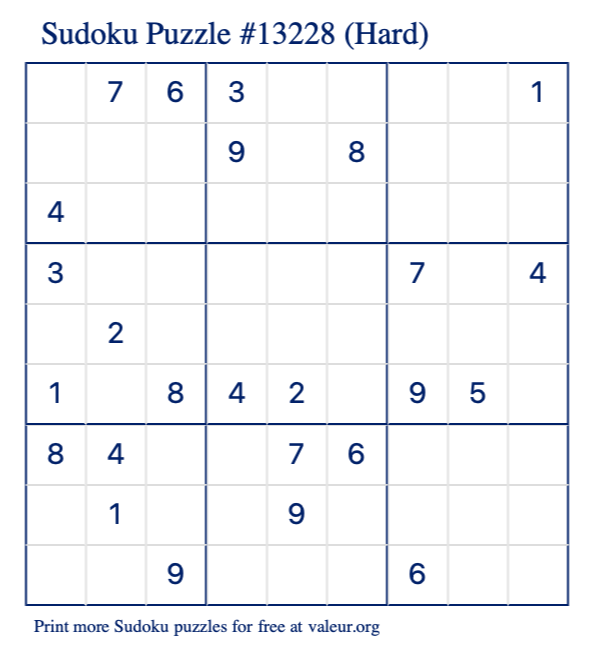 Free Printable Hard Sudoku Puzzle number 13228