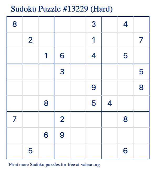 Free Printable Hard Sudoku Puzzle number 13229