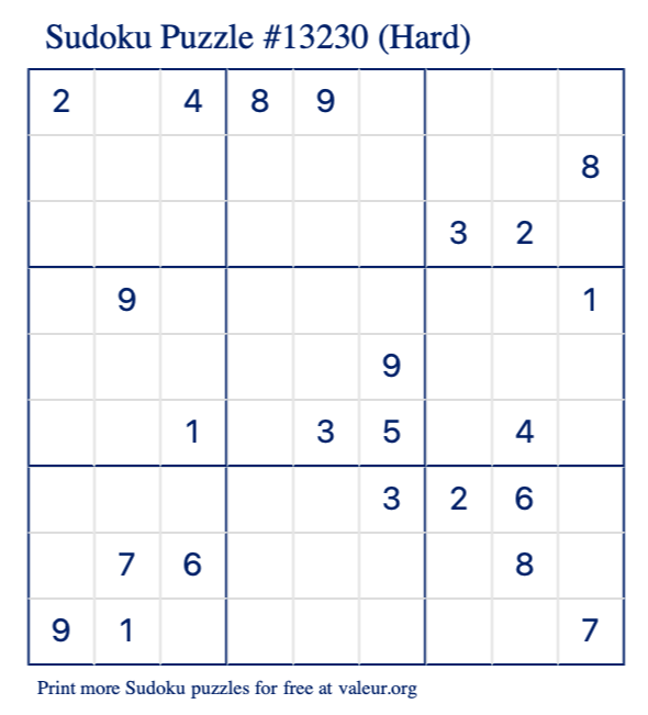 Free Printable Hard Sudoku Puzzle number 13230