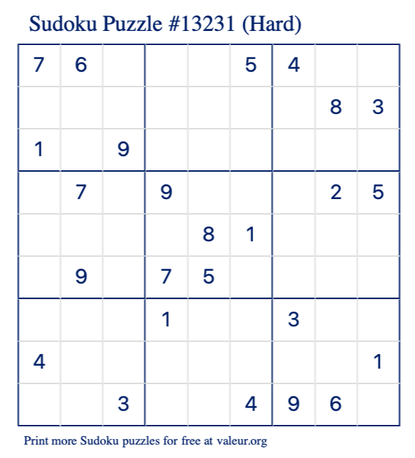 Free Printable Hard Sudoku Puzzle number 13231