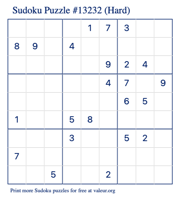 Free Printable Hard Sudoku Puzzle number 13232