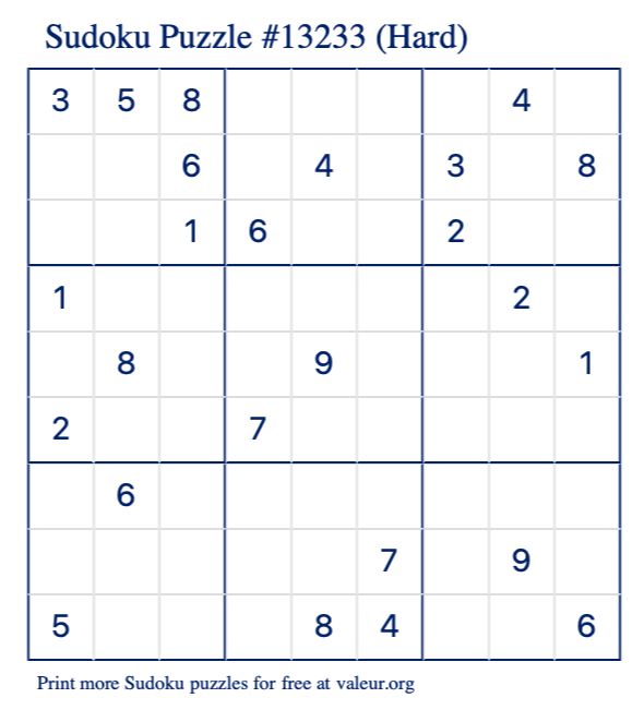 Free Printable Hard Sudoku Puzzle number 13233
