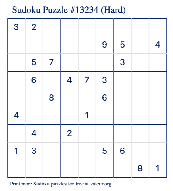 Free Printable Hard Sudoku Puzzle number 13234