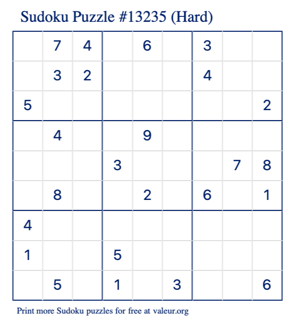 Free Printable Hard Sudoku Puzzle number 13235