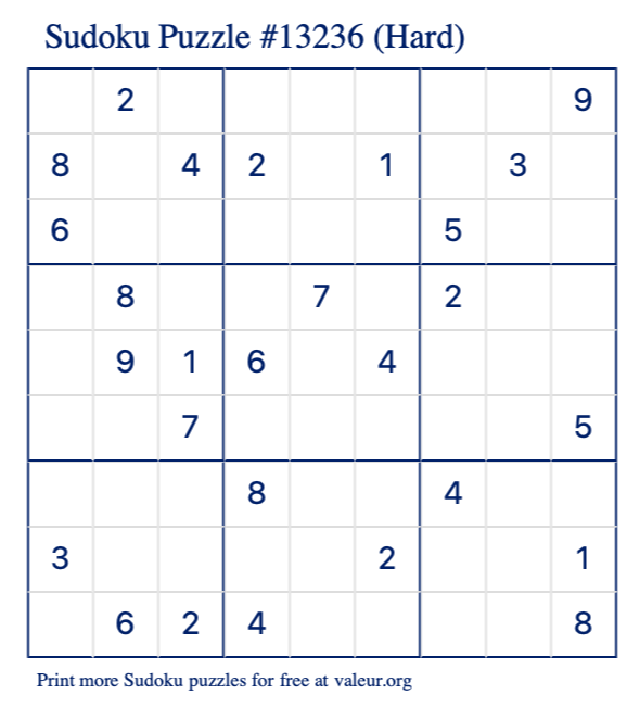 Free Printable Hard Sudoku Puzzle number 13236