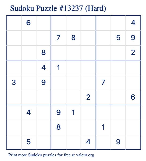 Free Printable Hard Sudoku Puzzle number 13237