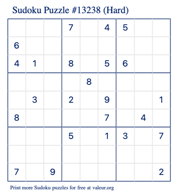 Free Printable Hard Sudoku Puzzle number 13238
