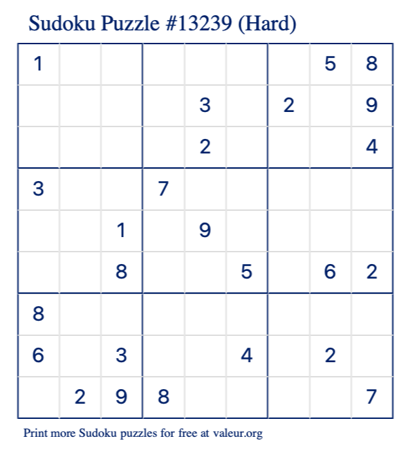 Free Printable Hard Sudoku Puzzle number 13239