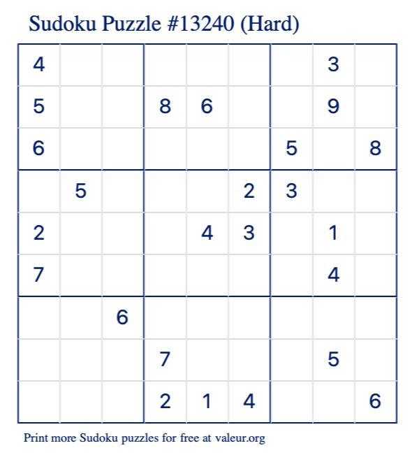 Free Printable Hard Sudoku Puzzle number 13240