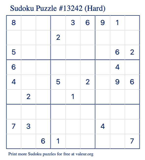 Free Printable Hard Sudoku Puzzle number 13242