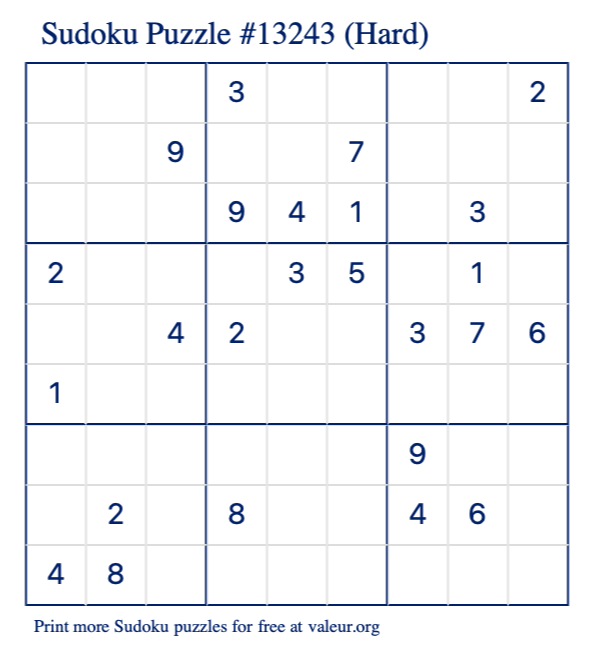 Free Printable Hard Sudoku Puzzle number 13243
