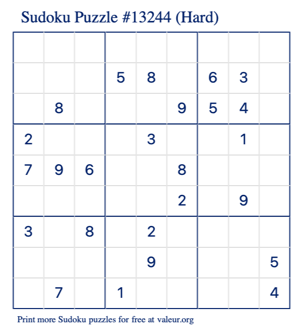 Free Printable Hard Sudoku Puzzle number 13244