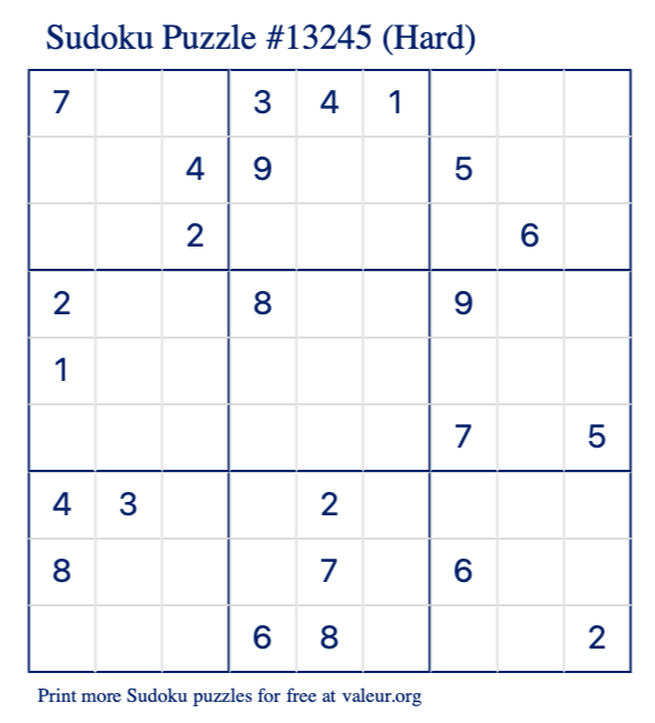 Free Printable Hard Sudoku Puzzle number 13245