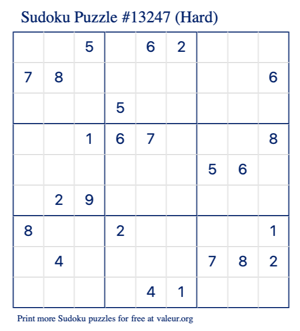 Free Printable Hard Sudoku Puzzle number 13247