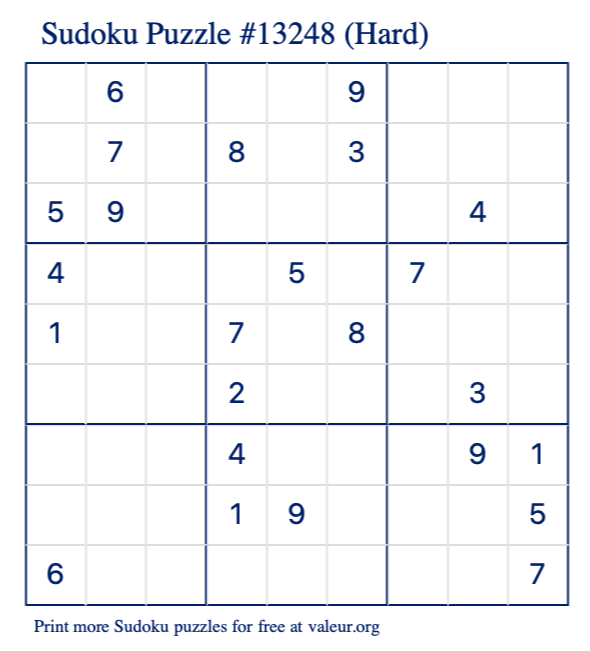 Free Printable Hard Sudoku Puzzle number 13248