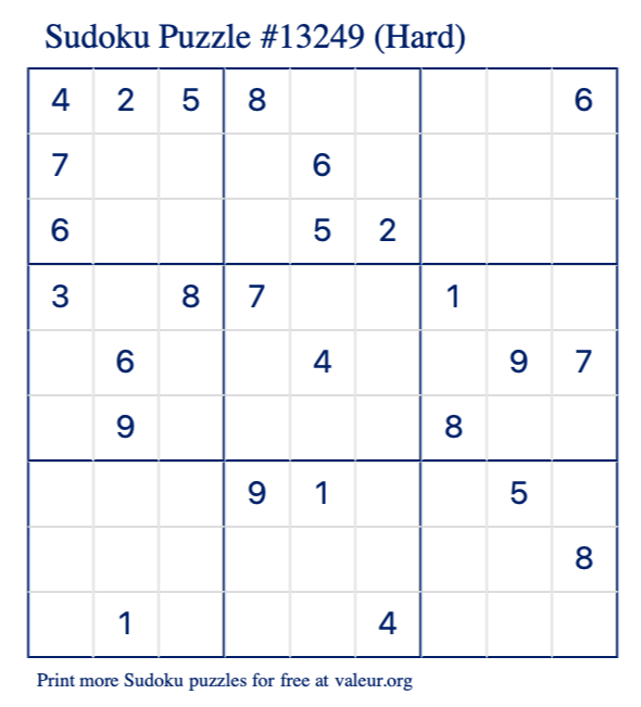 Free Printable Hard Sudoku Puzzle number 13249