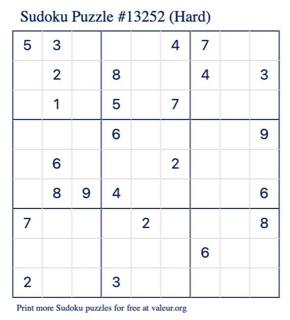 Free Printable Hard Sudoku Puzzle number 13252