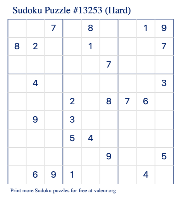 Free Printable Hard Sudoku Puzzle number 13253
