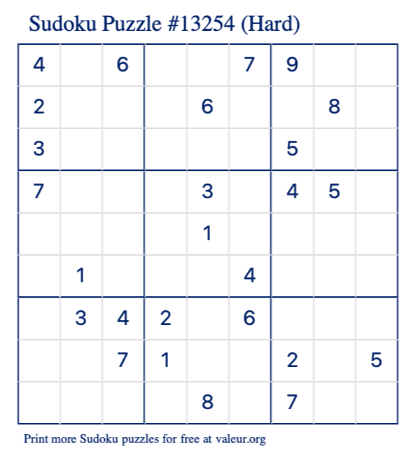 Free Printable Hard Sudoku Puzzle number 13254