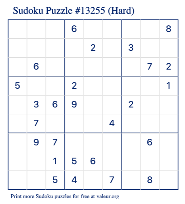 Free Printable Hard Sudoku Puzzle number 13255