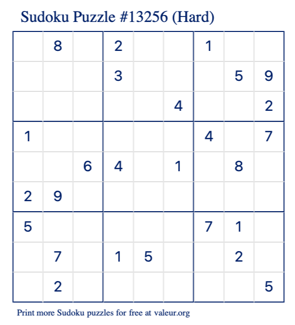 Free Printable Hard Sudoku Puzzle number 13256