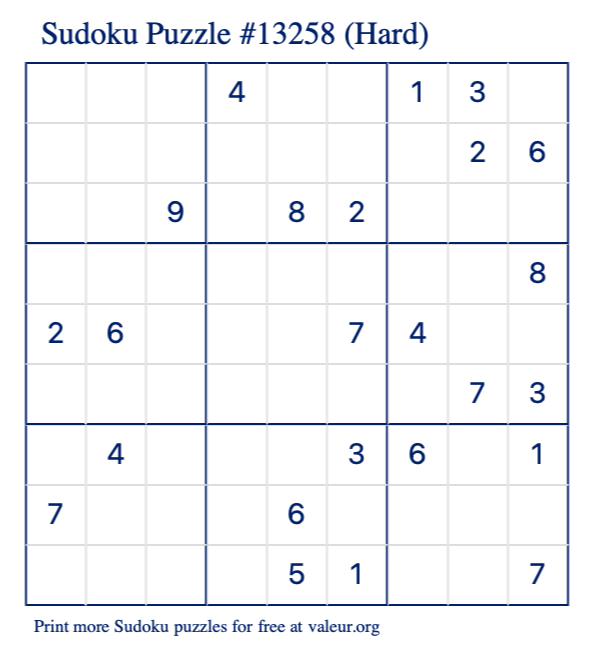 Free Printable Hard Sudoku Puzzle number 13258