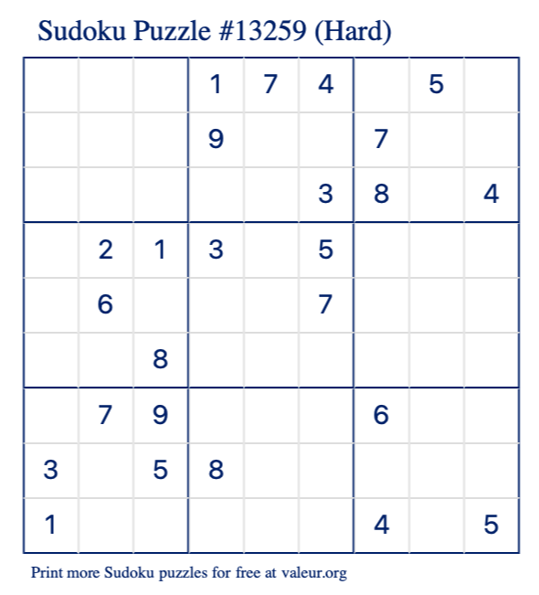 Free Printable Hard Sudoku Puzzle number 13259