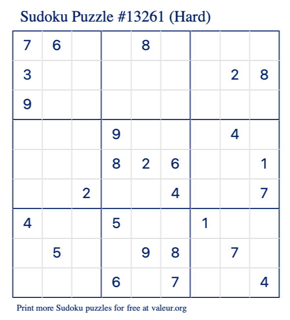 Free Printable Hard Sudoku Puzzle number 13261